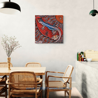 Native House Gecko with Southern Old Lady Moth Dreaming Framed Canvas Print by Mirree Contemporary Aboriginal Art